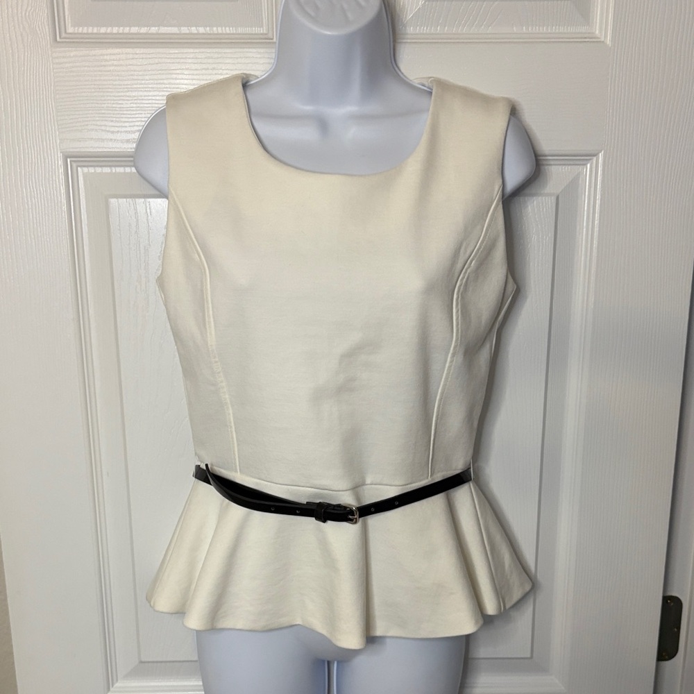 New York & Company Elegant Cream Peplum Top with Black Belt Size 4